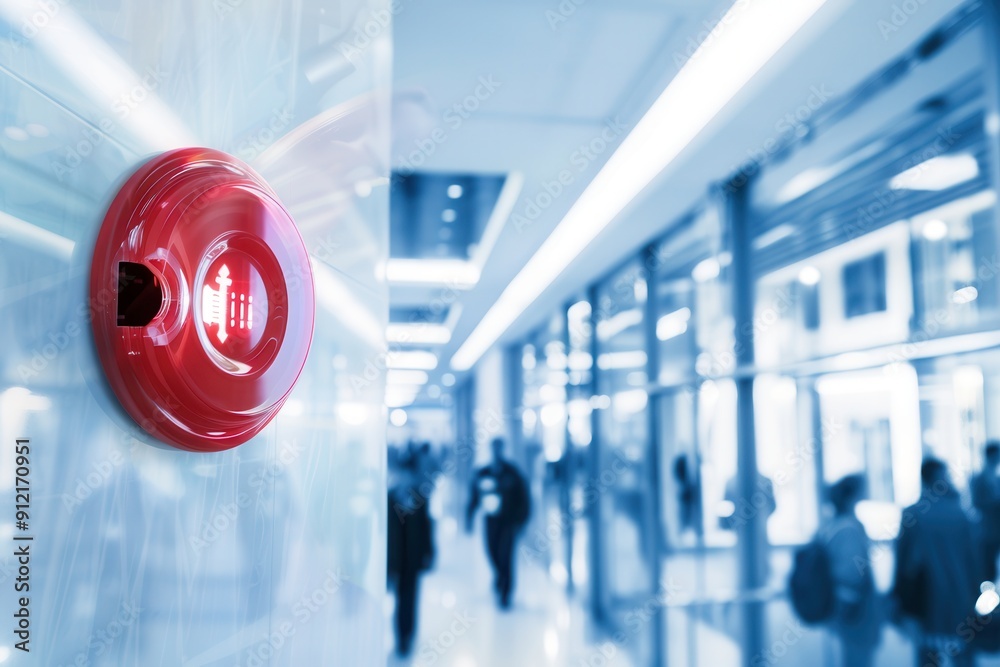 Aufkleber a bright red fire alarm with a flashing light and button is mounted on a wall in a contemporary buil
