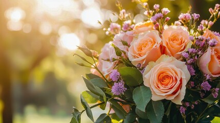 A beautiful bouquet of soft peach roses surrounded by delicate purple flowers, perfect for celebrating love and special moments.