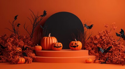 Halloween podium with pumpkins and a spooky background, ideal for product displays. 3D render with orange and black elements, perfect for autumn and party themes.