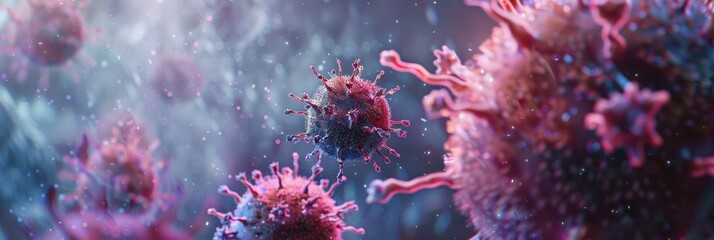 Microscopic View of Viruses, 3D Render, Abstract Background - A close-up of viruses, rendered in 3D, showcasing their intricate structures and the potential danger they pose. The image represents a mi