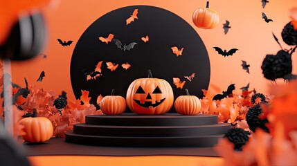Halloween podium with pumpkins and a spooky background, ideal for product displays. 3D render with orange and black elements, perfect for autumn and party themes.