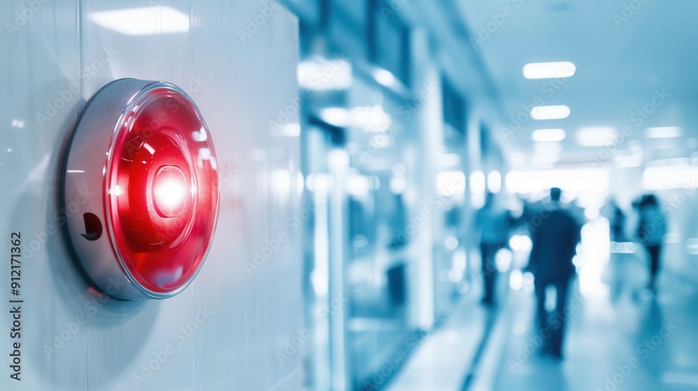 Aufkleber a fire alarm with a bright red light and button is mounted on a wall in a busy indoor corridor fille