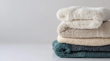 "Stack of bath towels isolated on a white background. The towels are neatly arranged, showcasing their plush texture and soft quality. The clean, minimalist presentation highlights the towels' comfort