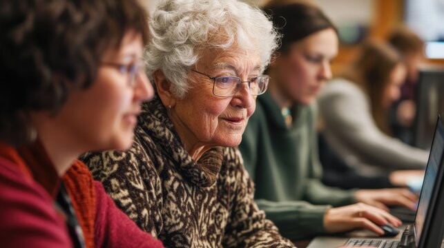 Seniors in a tech workshop learning to use new software, the instructor demonstrating features and providing hands-on assistance, the environment supportive and designed to improve digital literacy