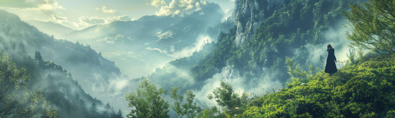 Naklejka premium Misty Mountain View With A Solitary Figure - A lone figure stands atop a mountain, gazing out over a breathtaking view of a valley shrouded in mist, with lush green foliage and towering peaks symboliz