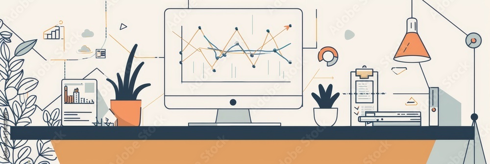 Poster modern minimalist workplace with data analysis on desktop - a clean and simple illustration depictin