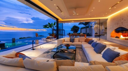 Fototapeta premium Modern Luxury Villa with Stunning Ocean Views - A luxurious living room with a large sectional sofa, overlooking a stunning ocean view and infinity pool. The room features modern decor, large windows,