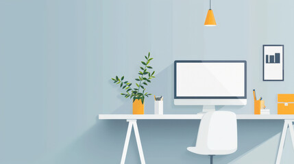 Modern Minimalist Home Office Workspace with Desk, Chair, and Computer - A minimalist home office workspace with a white desk, a comfortable chair, a computer monitor, and a plant, symbolizing product