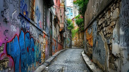 Fototapeta premium Narrow cobblestone street in a historic city, with colorful graffiti and old buildings - A narrow cobblestone street winds through a historic city with colorful graffiti on the walls, symbolizing urba