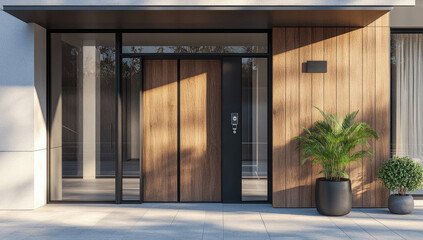 Modern Entrance Door With Wood Paneling and Planter in Bright Natural Light