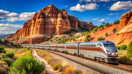 Obraz premium The Santa Fe Rail Runner Express: A Glimpse of Modernity Against a Historic Skyline AI Generated