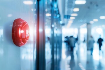 A bright red fire alarm button lights up on the wall, drawing attention in a bustling public space during an emergency drill. Generative AI