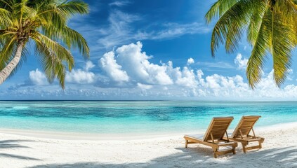 Obraz premium Relaxing Day on a Beautiful Maldives Beach With Two Sunbeds and Palm Trees