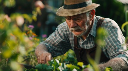 Senior Man Gardening, Hands on Flowers, Peaceful Retirement Life - A senior man with a straw hat is gardening, tending to flowers with his hands. He is surrounded by greenery, symbolizing peace, retir