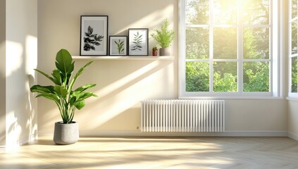 Fototapeta premium Bright Modern Home Interior Featuring White Metal Plant Stands Near Large Window in a Serene Environment