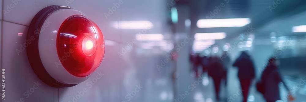 Poster a bright red fire alarm light flashes as people walk by in a busy public area, indicating a potentia