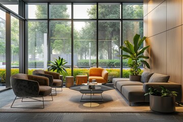 Modern Office Lounge Featuring Comfortable Seating and Coffee Table Surrounded by Lush Greenery in Bright Natural Light