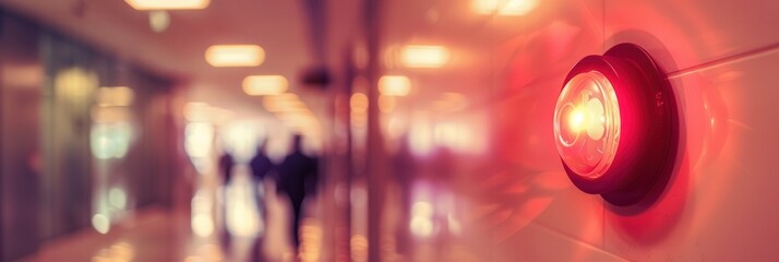 A bright red fire alarm light flashes on a wall as people walk by in a busy indoor corridor during daylight hours. Generative AI