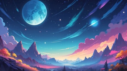 A breathtaking twilight landscape showing a moon and vibrant skies over mountains, reflecting serene cosmic beauty.