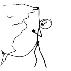 a man looks worried about climbing a steep cliff