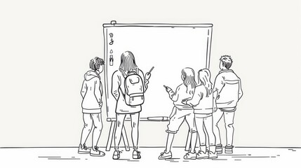 Students Gathered Around Whiteboard, Learning and Discussing - A group of students, likely in a classroom or study group, stand facing a whiteboard, engaged in learning and discussion, symbolizing edu