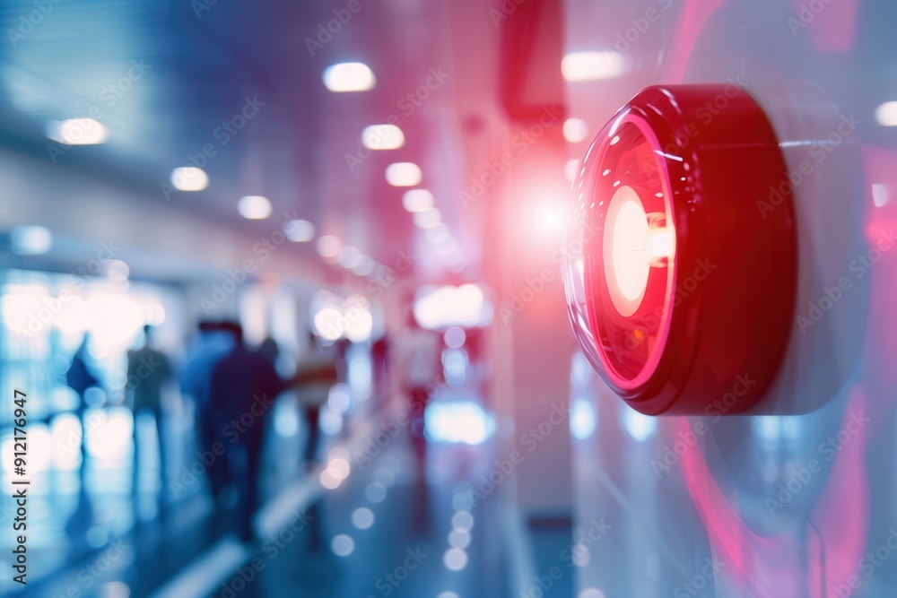Poster A bright red fire alarm with an active light and button is mounted on a wall in a bustling public space filled with people. Generative AI
