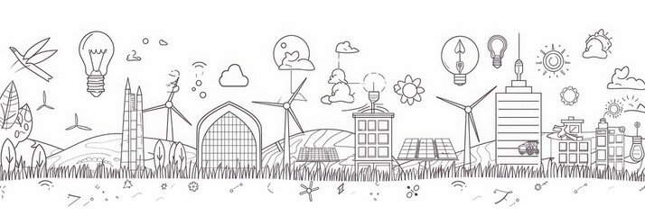 Obraz premium Sustainable Cityscape: Green Energy Solutions and Eco-Friendly Living - A hand-drawn illustration depicting a city embracing green energy solutions, featuring wind turbines, solar panels, and lightbul