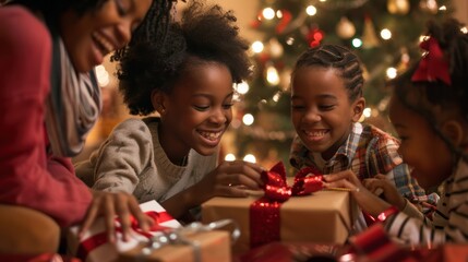 Joyful children unwrapping Christmas presents near a decorated tree, capturing the excitement and warmth of the holiday season.