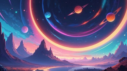 Fototapeta premium A stunning depiction of a vivid cosmic sky filled with colorful planets and celestial bodies above a majestic landscape.