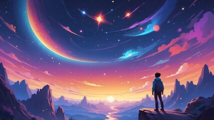 Fototapeta premium A lone explorer stands on a cliff, gazing at a vibrant cosmic landscape with distant planets and glowing stars.