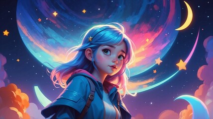 Obraz premium A girl with a glowing magical sky filled with colorful swirls and stars, embodying enchantment and fantasy.