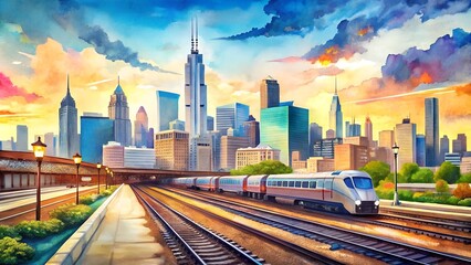 Chicago Skyline and Amtrak's Midwest Passenger Railway at Union Station: A Vibrant Watercolor Illustration  Generative AI
