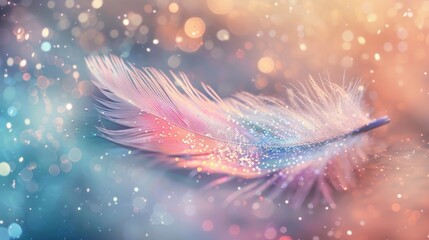 A close-up of a dreamy and delicate feather, showcasing shimmering light spots and a soft, ethereal quality