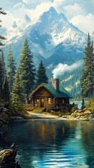 Fototapeta premium A painting of a cabin in the mountains by a lake