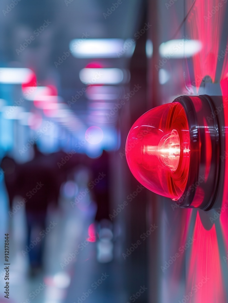 Poster a bright red fire alarm light and button are visible on the wall, illuminating a busy hallway filled