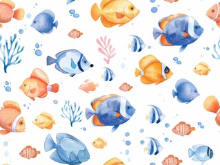 A seamless watercolor pattern depicting an underwater world filled with colorful fish and vibrant coral reefs, showcasing the beauty of marine life.