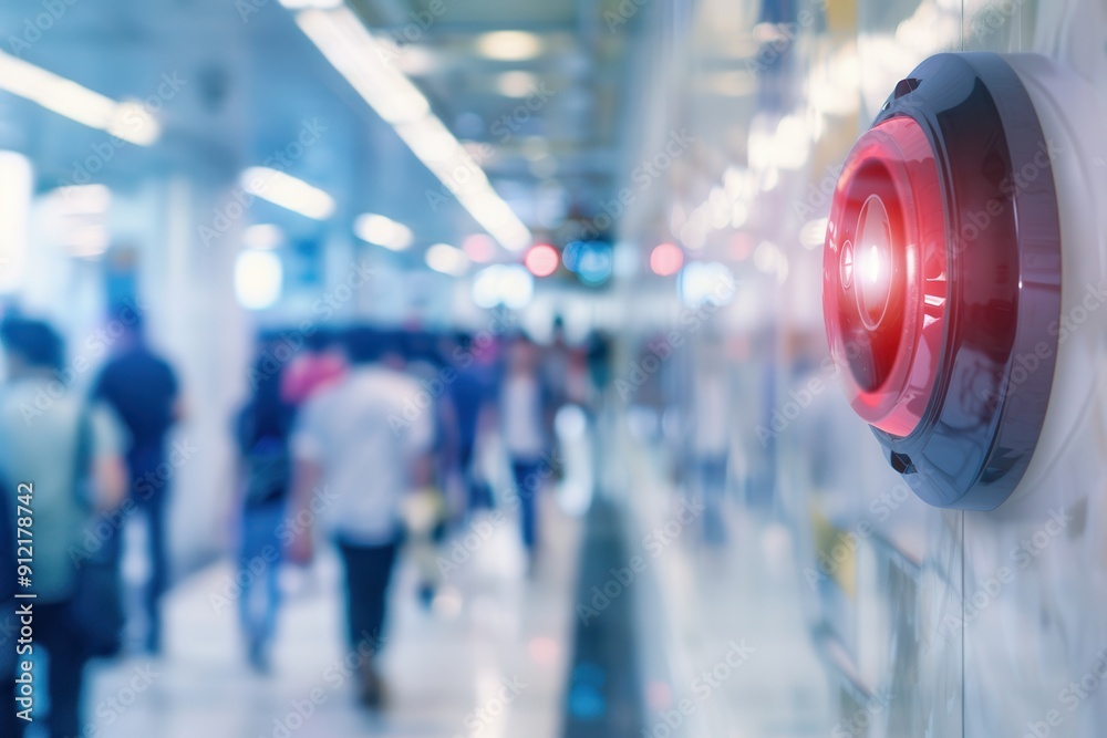 Poster A fire alarm is mounted on a wall, displaying a bright red light and button as people walk by in a busy public space. Generative AI
