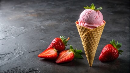 Close-up of strawberry ice cream cone against dark stone background