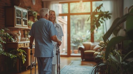 A heartwarming scene of a senior man supported by a caring nurse, sharing a laugh in a sunlit, cozy room.