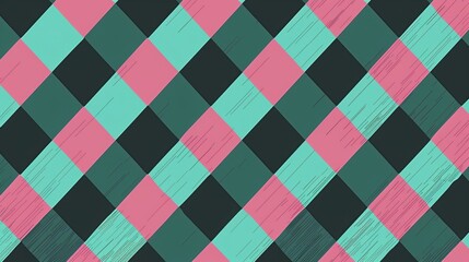 A vibrant and abstract illustration featuring a green and pink checkered pattern, creating a lively and creative background