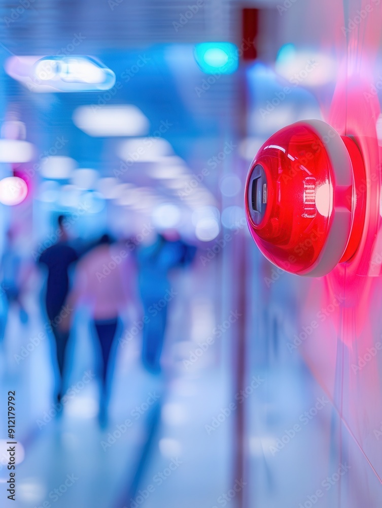 Poster a bright red fire alarm light and button are mounted on a wall as people walk by in a busy hallway. 