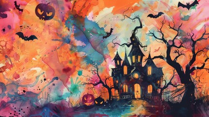 Watercolor Halloween Haunted House with Bats and Pumpkins - A whimsical watercolor painting of a spooky haunted house with bats flying around, pumpkins, and a dark forest setting. The painting symboli