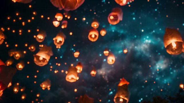 Sky lanterns floating in the night sky