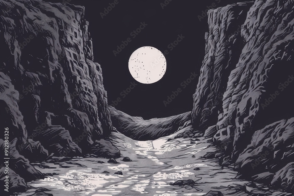 Wall mural a large, full moon illuminates a canyon in a desolate landscape.
