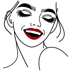 Stylish Female Faces Line Art Woman Red Lip Girls' Facial Expressions