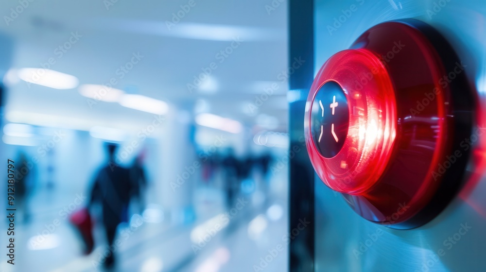 Poster a bright red fire alarm button lights up, signaling potential danger in a busy corridor filled with 