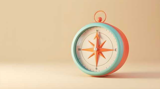 kompas, strzałka, beżowy, pastelowy, styl cartoonowy, jaskrawe kolory, ilustracja 3D, minimalistyczny, przewodnictwo, eksploracja, kierunek