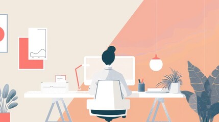 Fototapeta premium Woman Working at Desk with Computer, Phone, and Plants in Home Office - A woman sits at a desk in a home office, focused on her computer screen. The scene symbolizes work-life balance, productivity, r
