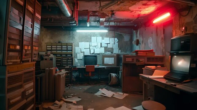 Abandoned Server Room With Vintage Computers and Papers
