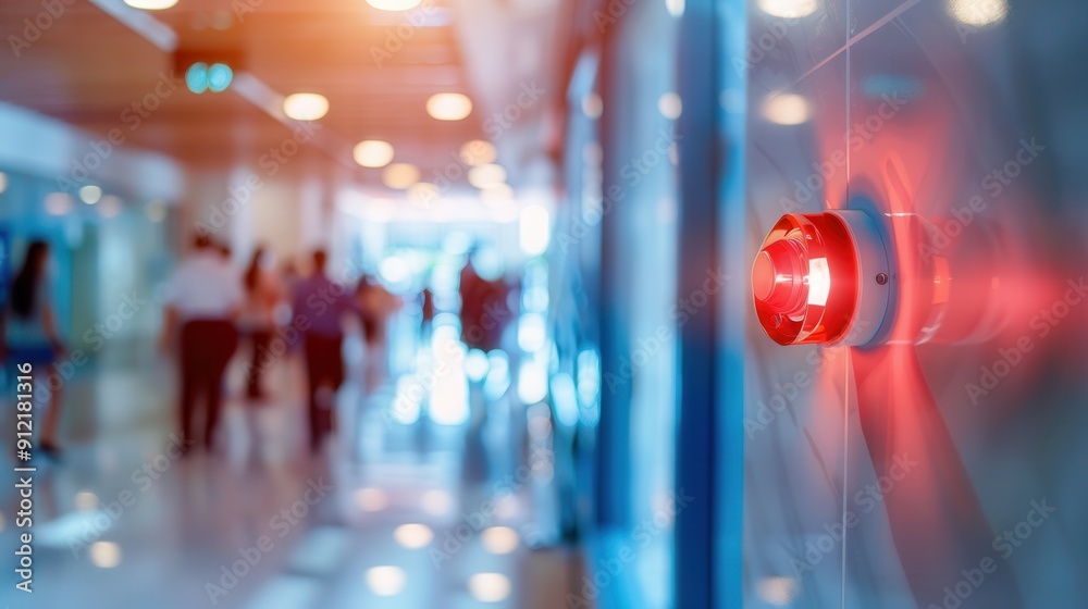 Poster a bright red fire alarm with a flashing light and button is mounted on a wall in a bustling indoor c